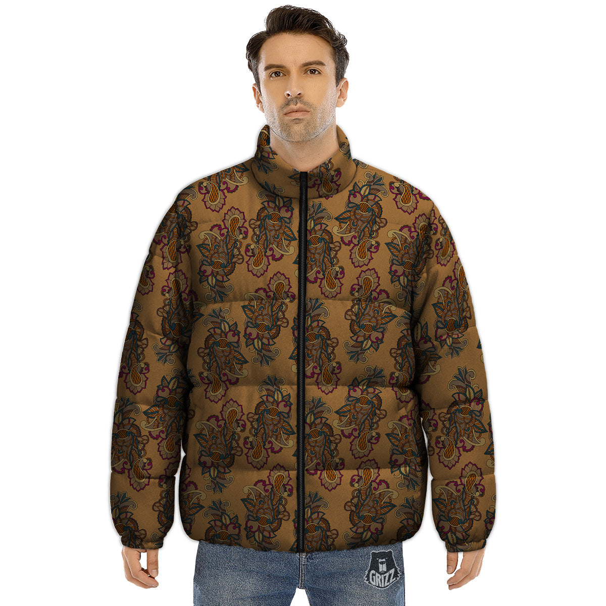 Bohemian Umber Floral Print Pattern Puffer Jacket-grizzshop