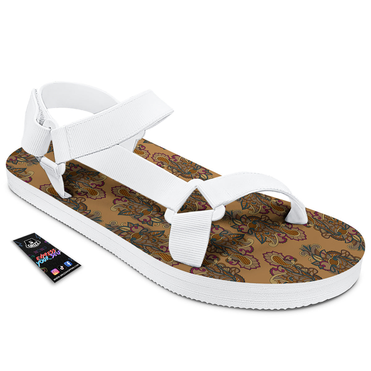 Bohemian Umber Floral Print Pattern White Open Toe Sandals-grizzshop