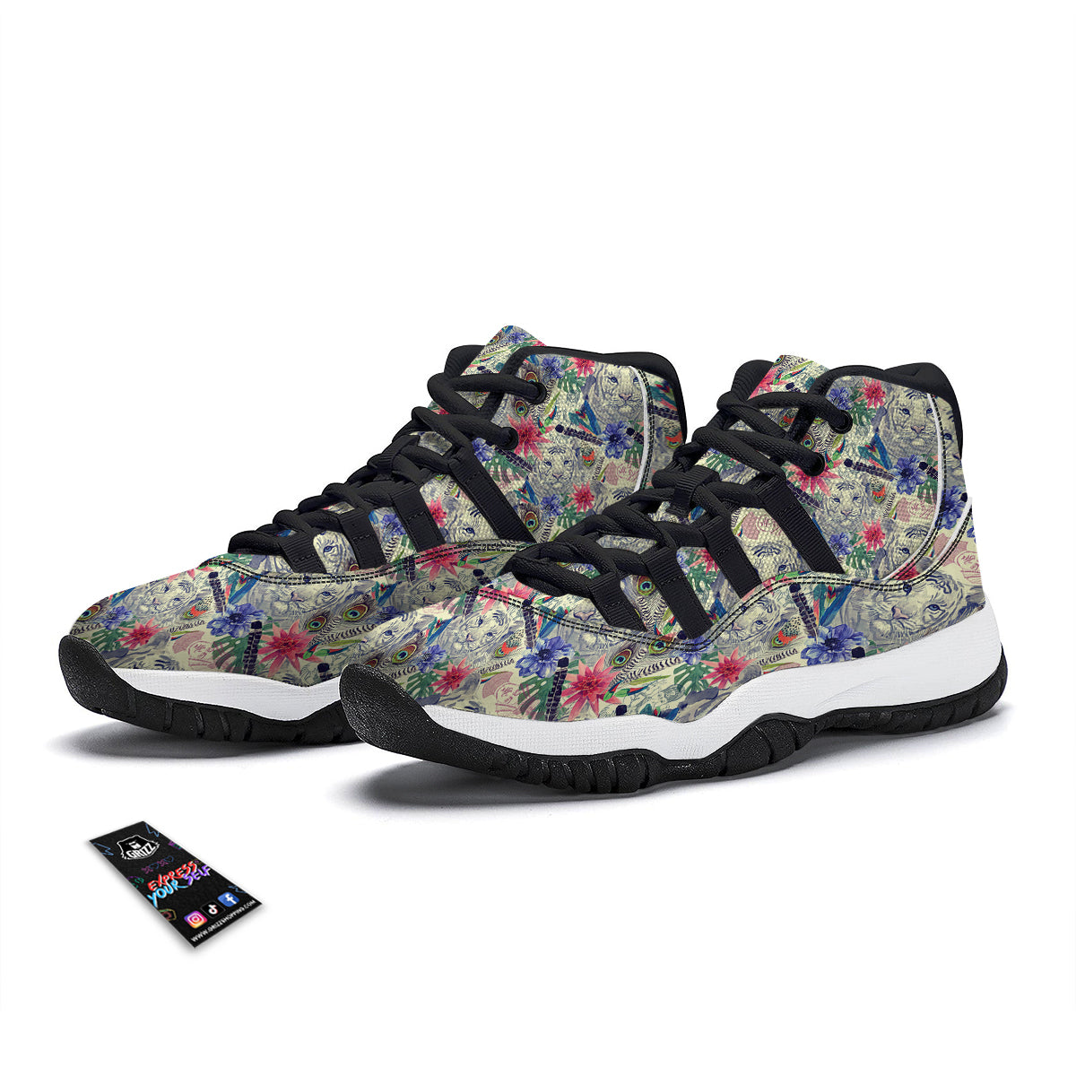 Bohemian White Tiger Pattern Print Black Bball Shoes-grizzshop