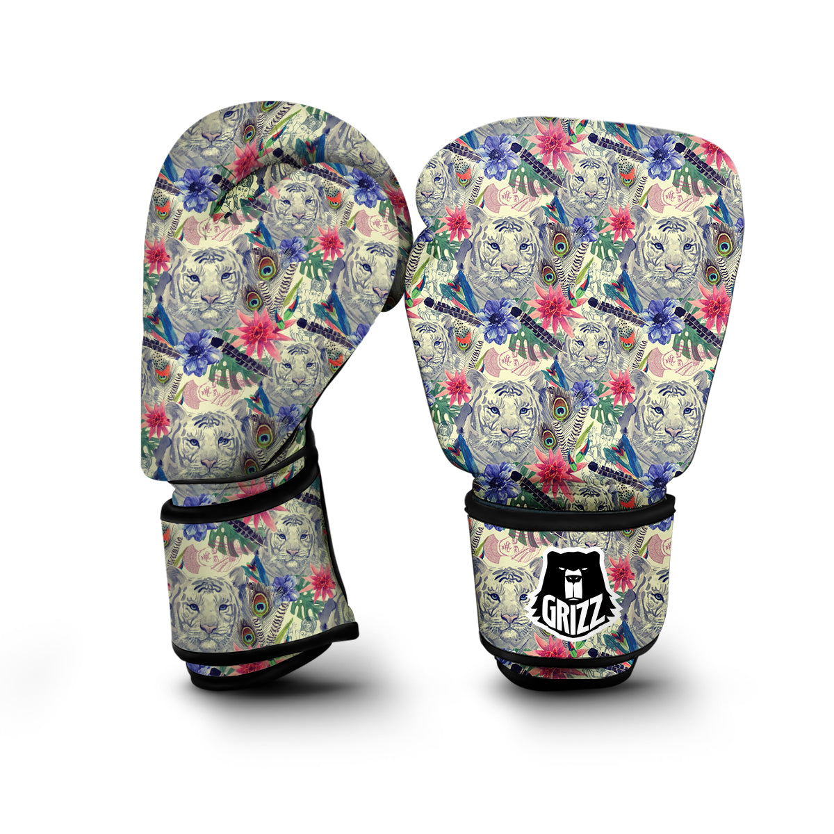 Bohemian White Tiger Pattern Print Boxing Gloves-grizzshop