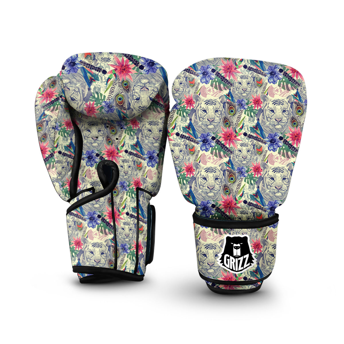 Bohemian White Tiger Pattern Print Boxing Gloves-grizzshop
