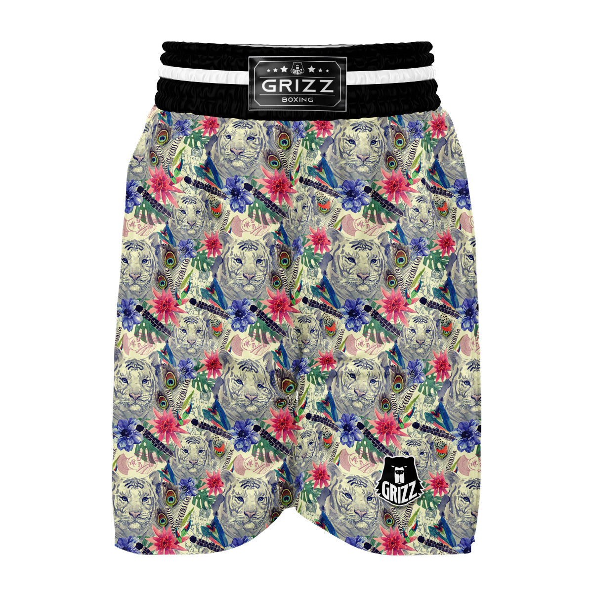 Bohemian White Tiger Pattern Print Boxing Shorts-grizzshop