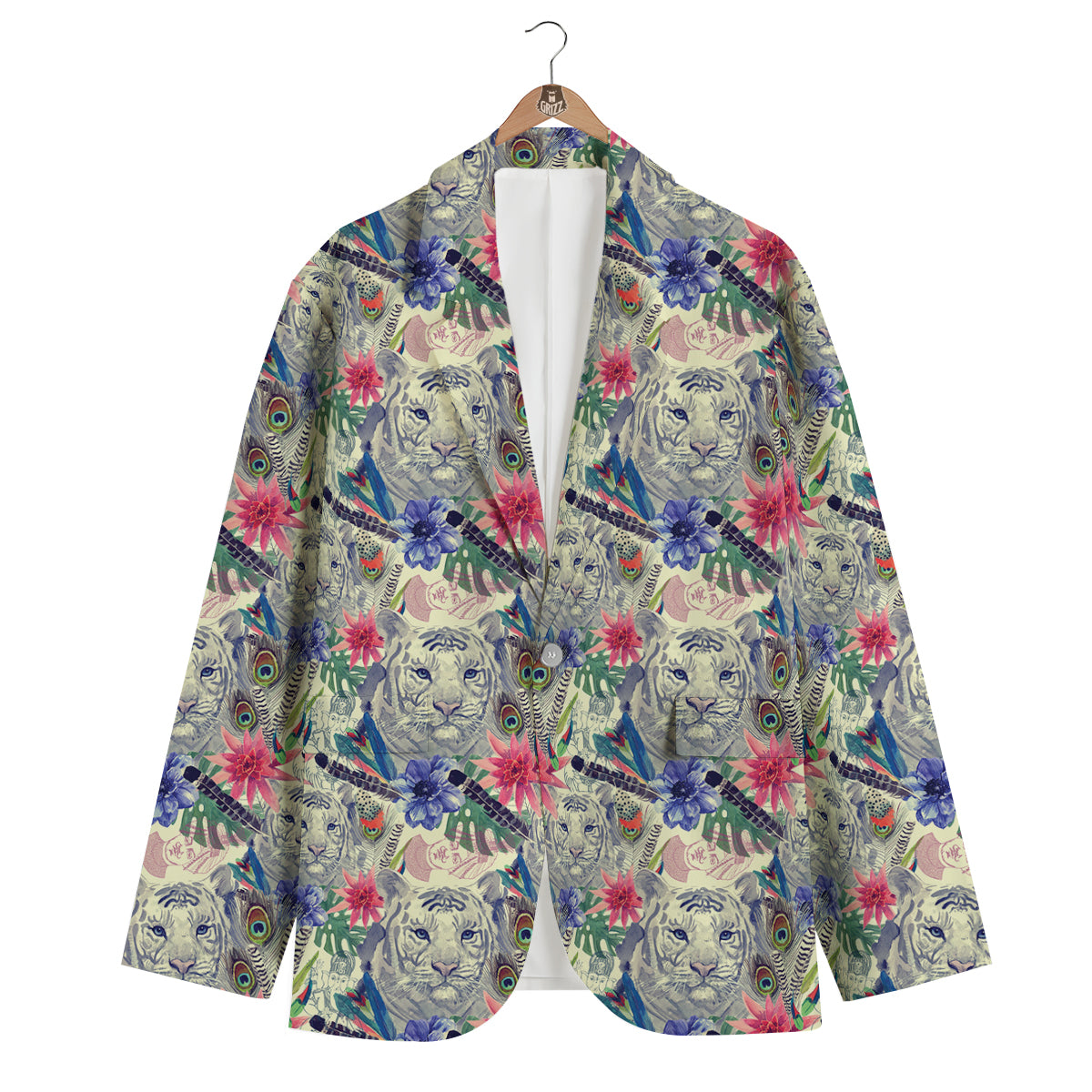 Bohemian White Tiger Pattern Print Men's Blazer-grizzshop