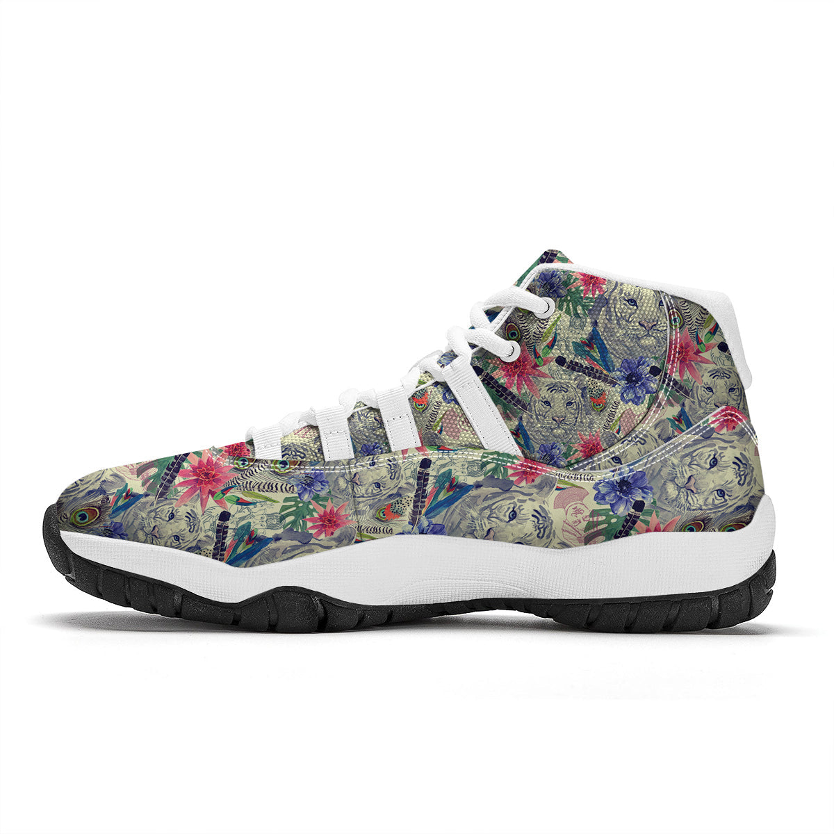 Bohemian White Tiger Pattern Print White Bball Shoes-grizzshop
