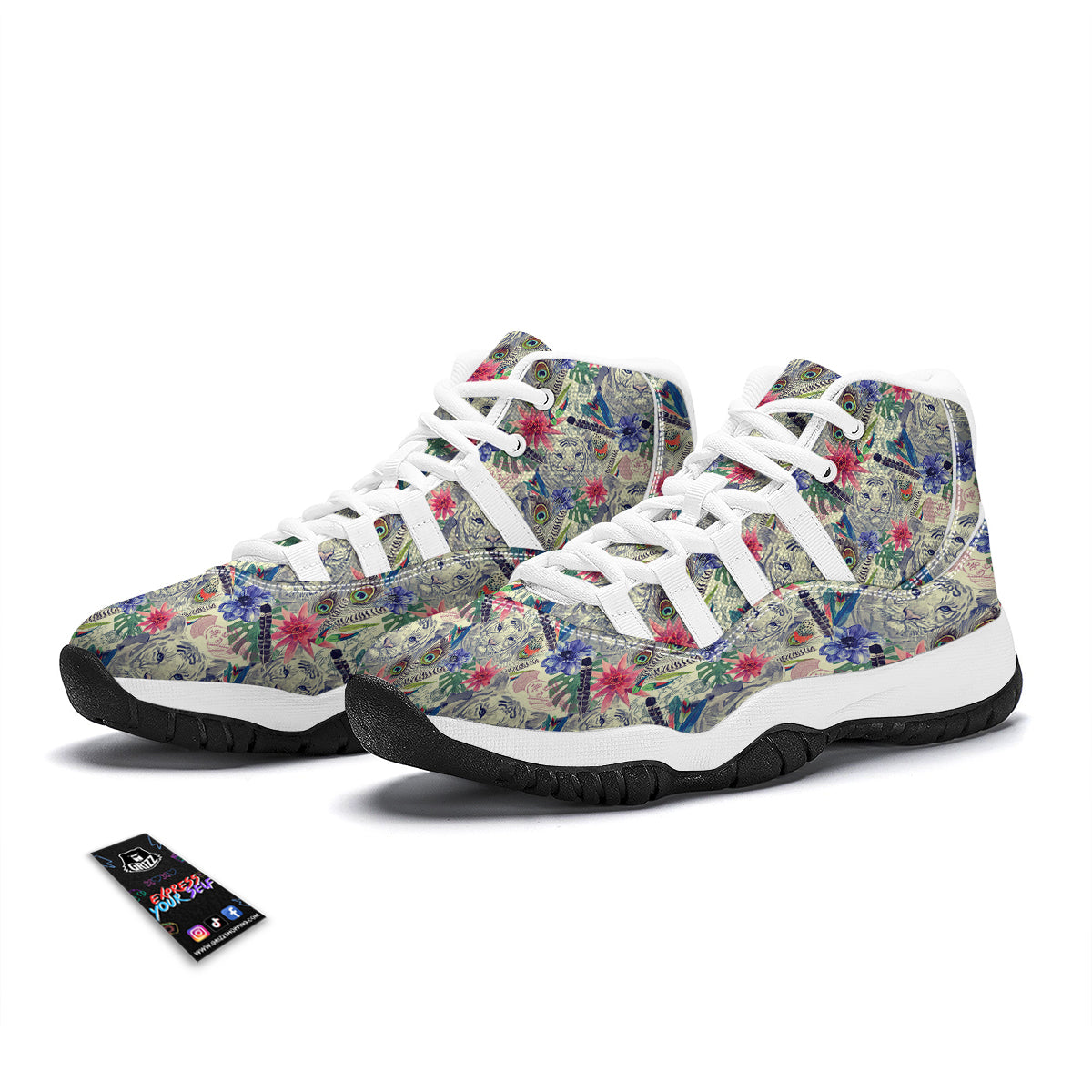 Bohemian White Tiger Pattern Print White Bball Shoes-grizzshop