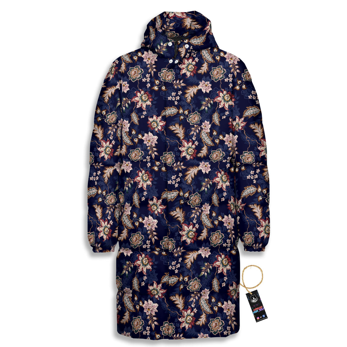 Bohemian Floral Blue Vintage Print Long Down Jacket