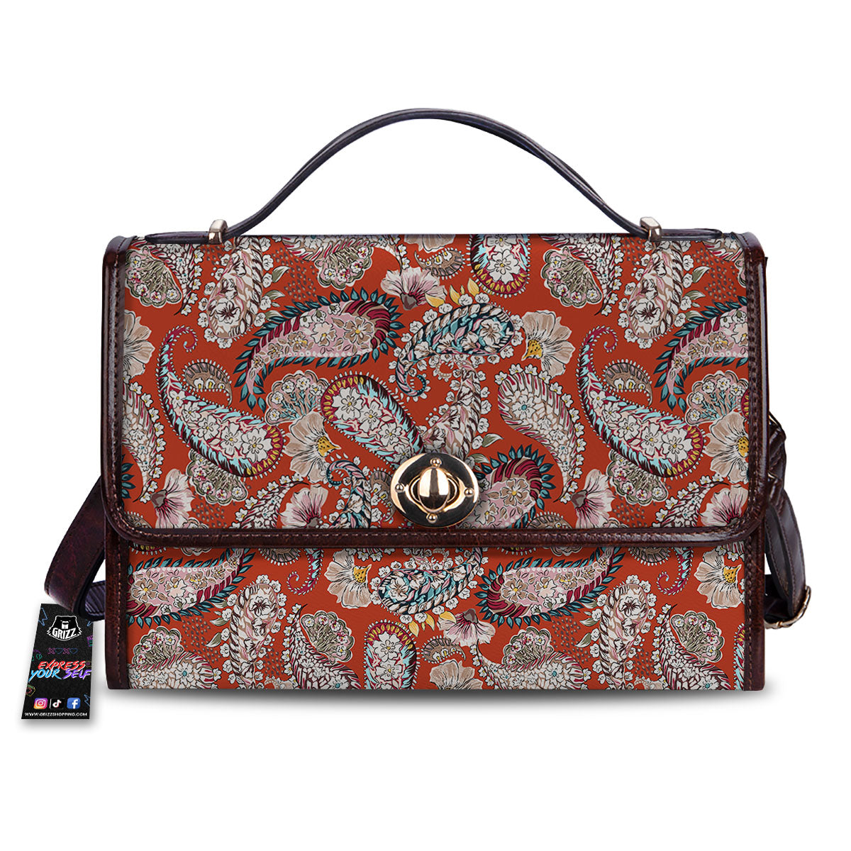 Bohemian Floral Orange Print Pattern Women's Satchel Bag