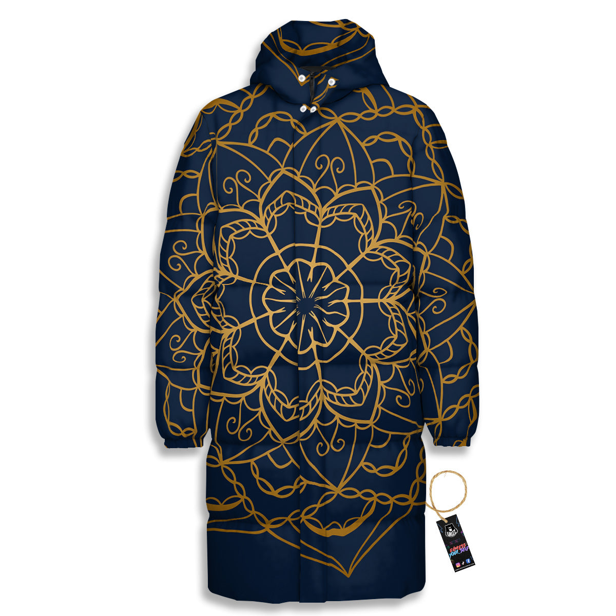 Bohemian Mandala Gold And Blue Print Long Down Jacket