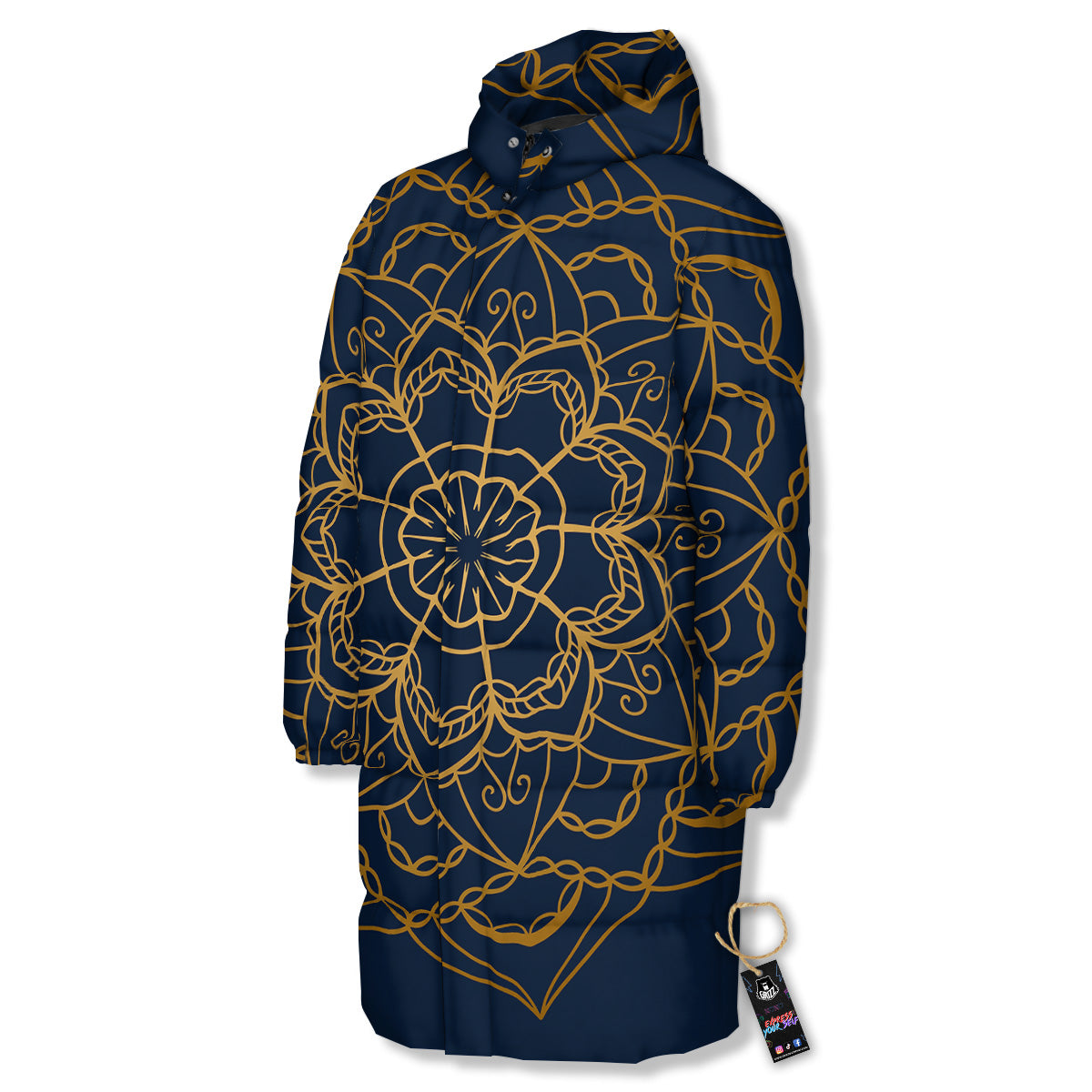 Bohemian Mandala Gold And Blue Print Long Down Jacket