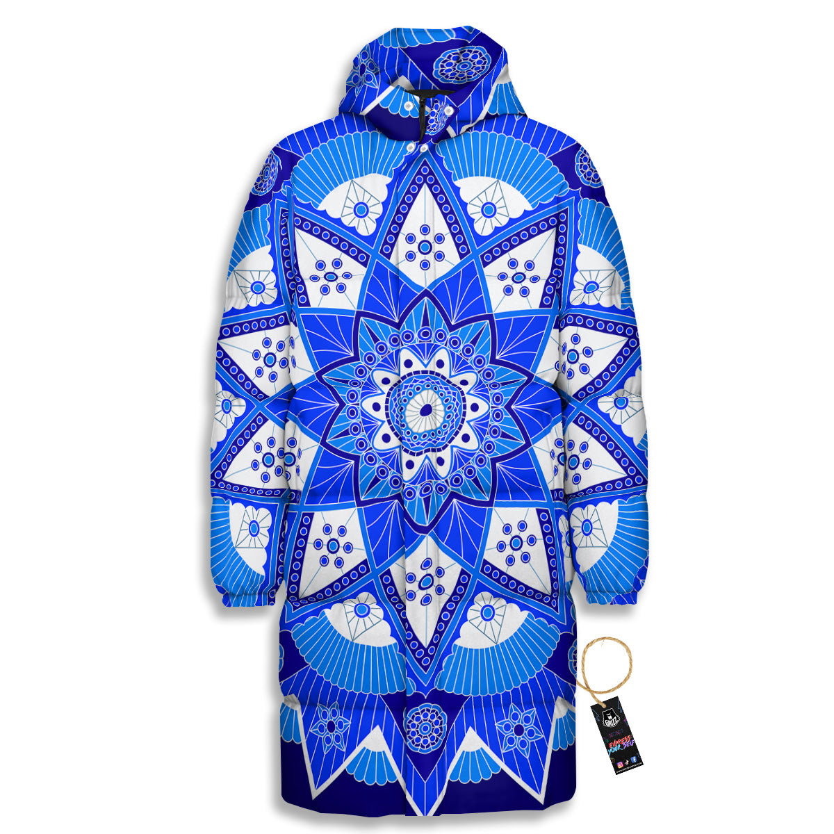 Bohemian Mandala White And Blue Print Long Down Jacket