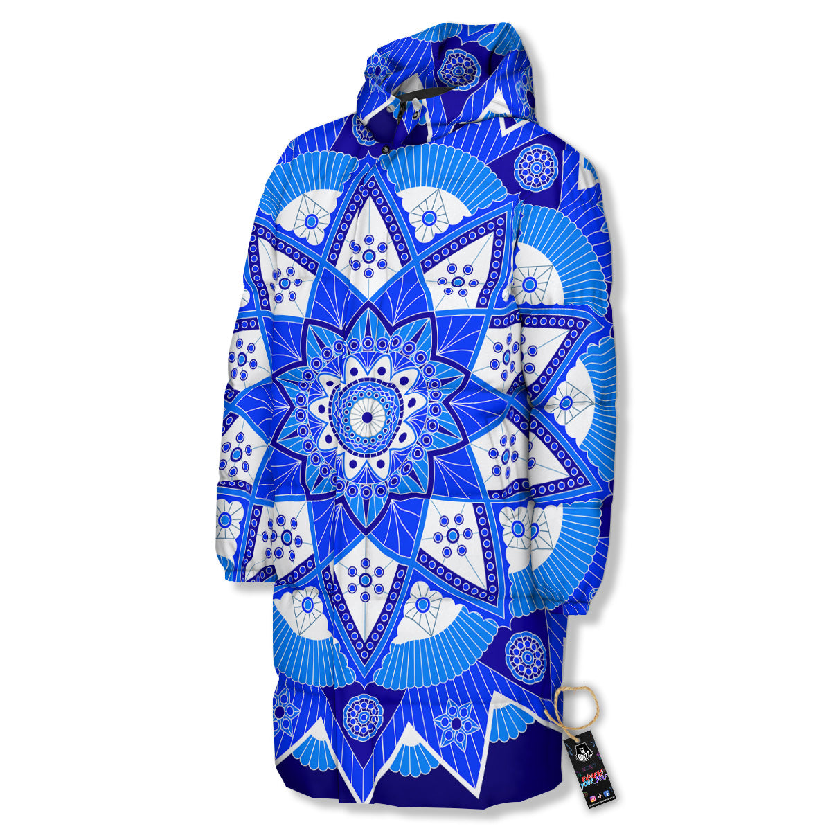 Bohemian Mandala White And Blue Print Long Down Jacket