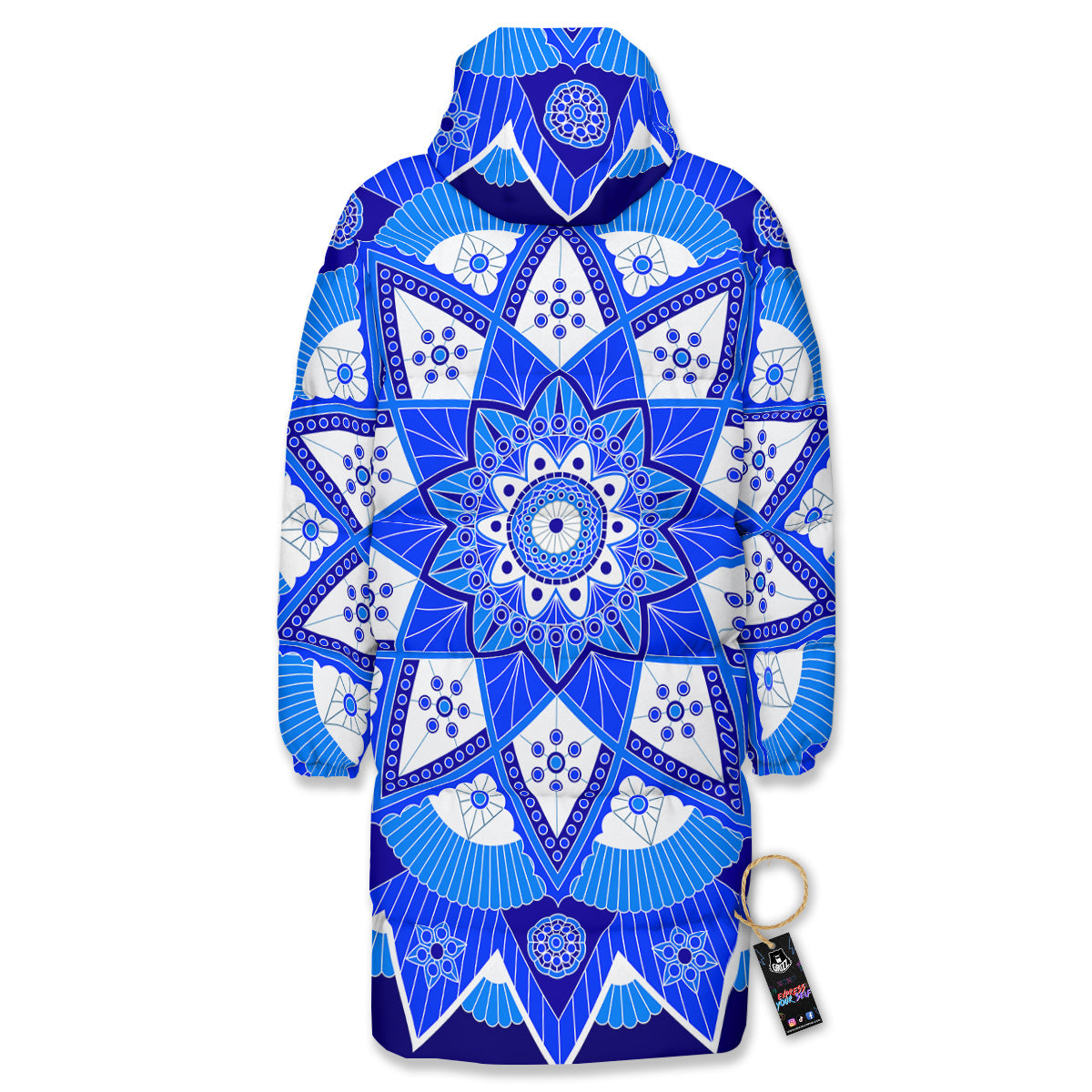 Bohemian Mandala White And Blue Print Long Down Jacket