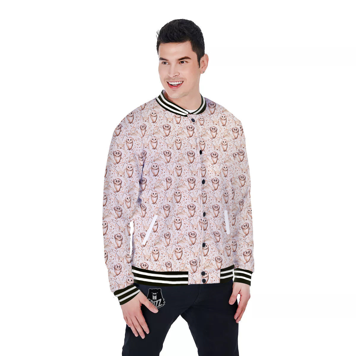 Boho Cute Owl Print Pattern Baseball Jacket-grizzshop