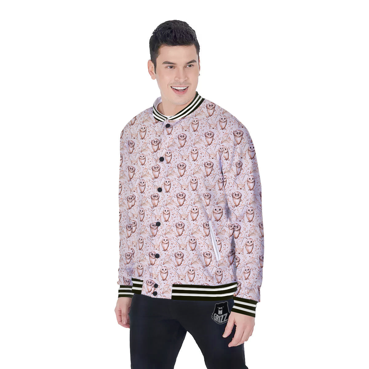 Boho Cute Owl Print Pattern Baseball Jacket-grizzshop