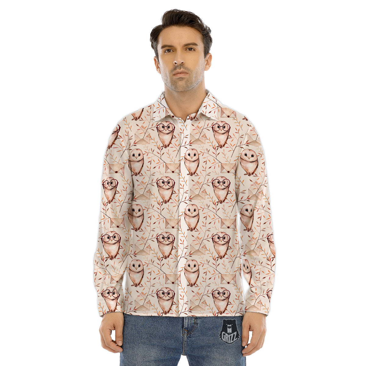 Boho Cute Owl Print Pattern Men's Dress Shirts-grizzshop