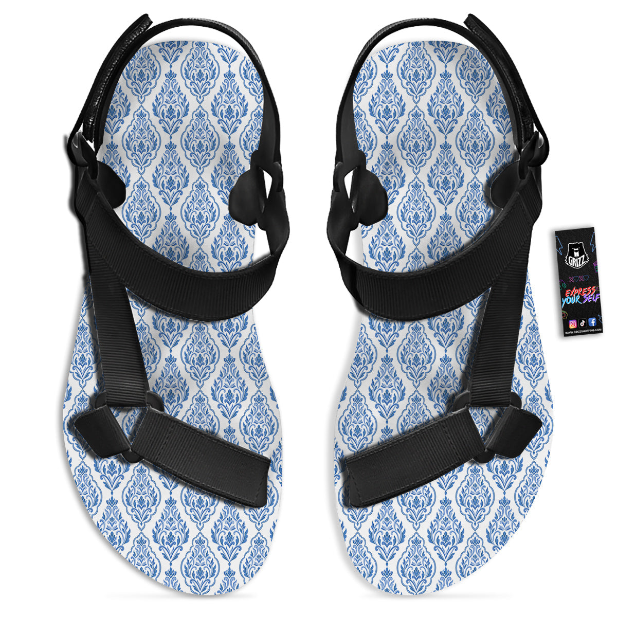 Boho Damask Print Pattern Black Open Toe Sandals-grizzshop