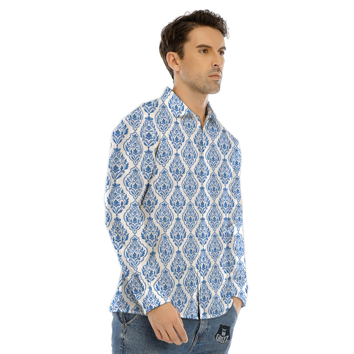 Boho Damask Print Pattern Men's Dress Shirts-grizzshop