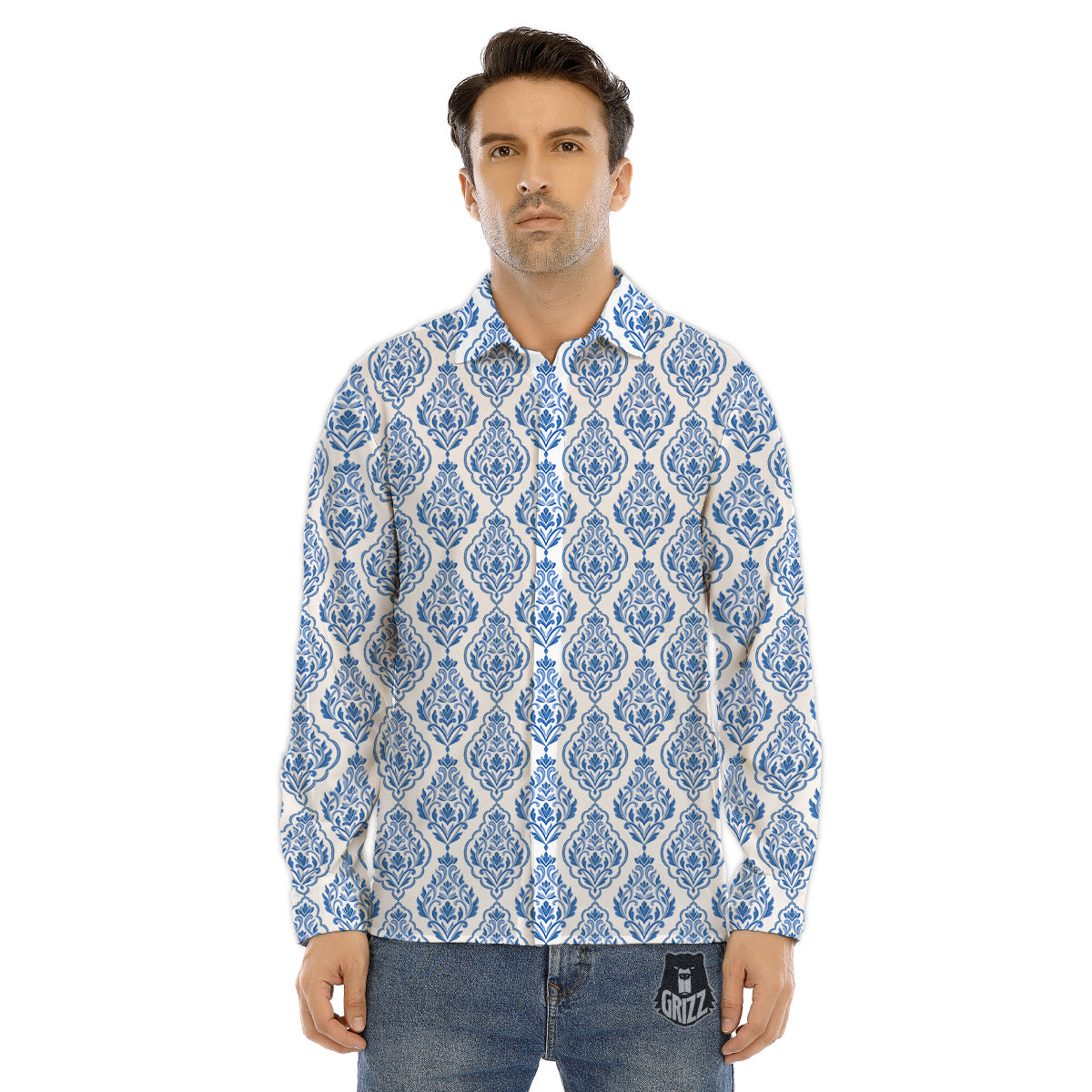 Boho Damask Print Pattern Men's Dress Shirts-grizzshop