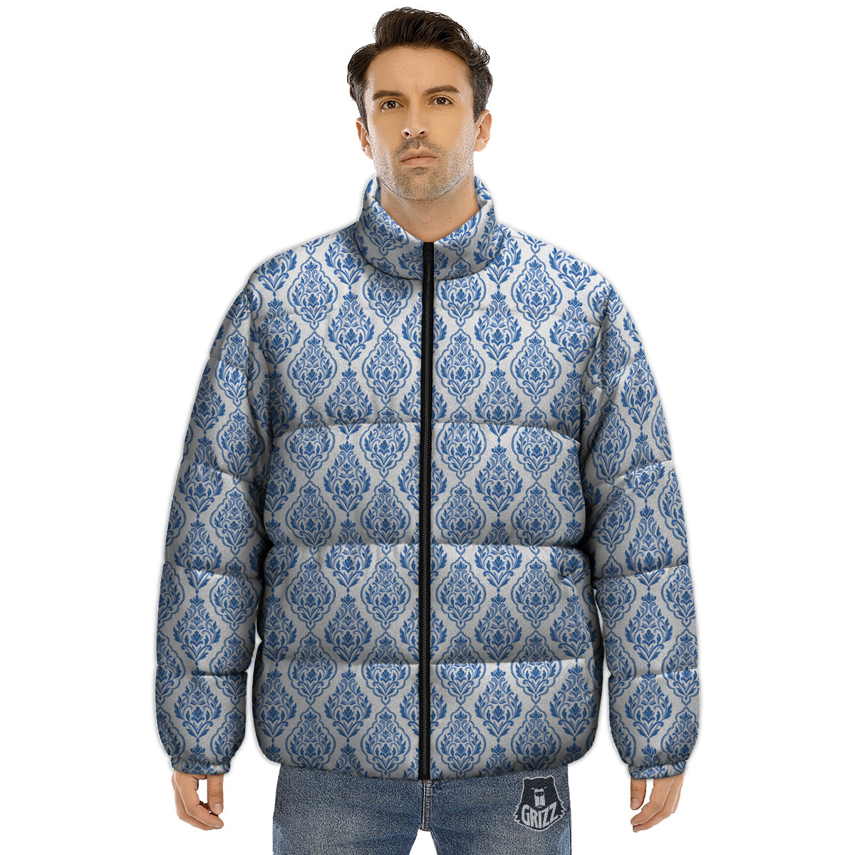 Boho Damask Print Pattern Puffer Jacket-grizzshop