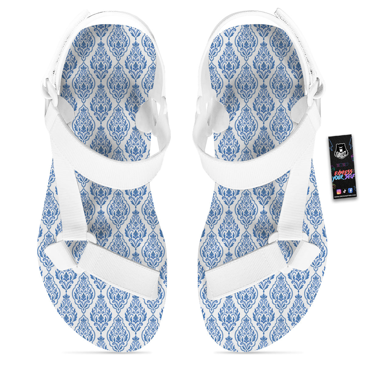 Boho Damask Print Pattern White Open Toe Sandals-grizzshop
