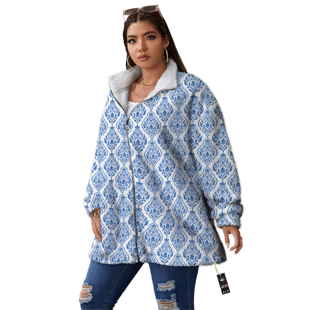 Boho Damask Print Pattern Women's Sherpa Jacket-grizzshop