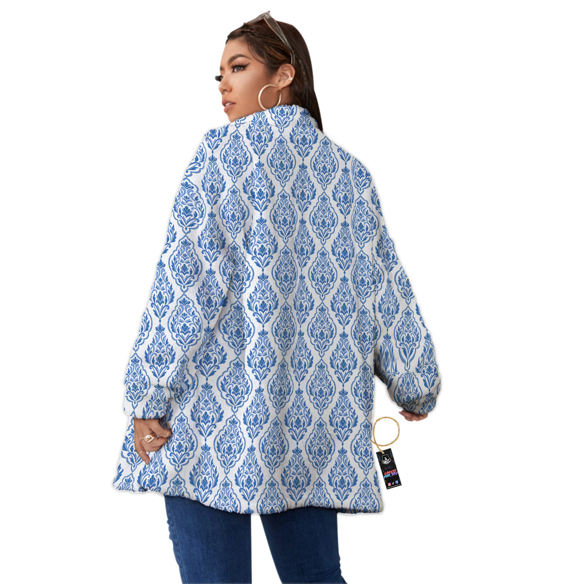 Boho Damask Print Pattern Women's Sherpa Jacket-grizzshop