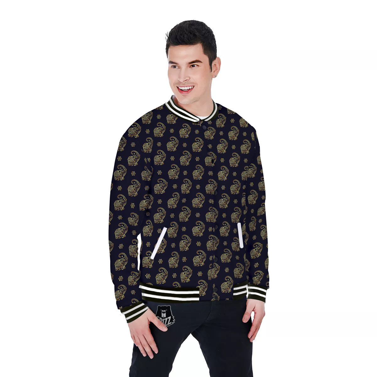 Boho Elephant Gold Cute Print Pattern Baseball Jacket-grizzshop