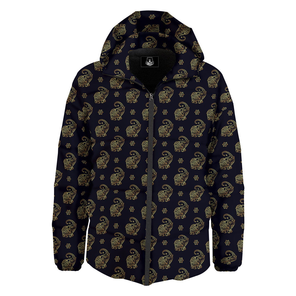 Boho Elephant Gold Cute Print Pattern Down Jacket-grizzshop