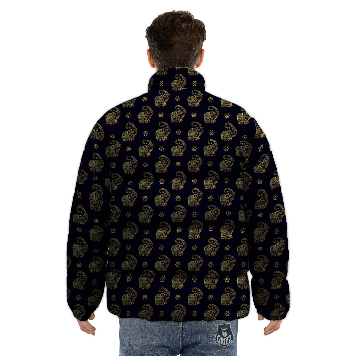 Boho Elephant Gold Cute Print Pattern Puffer Jacket-grizzshop