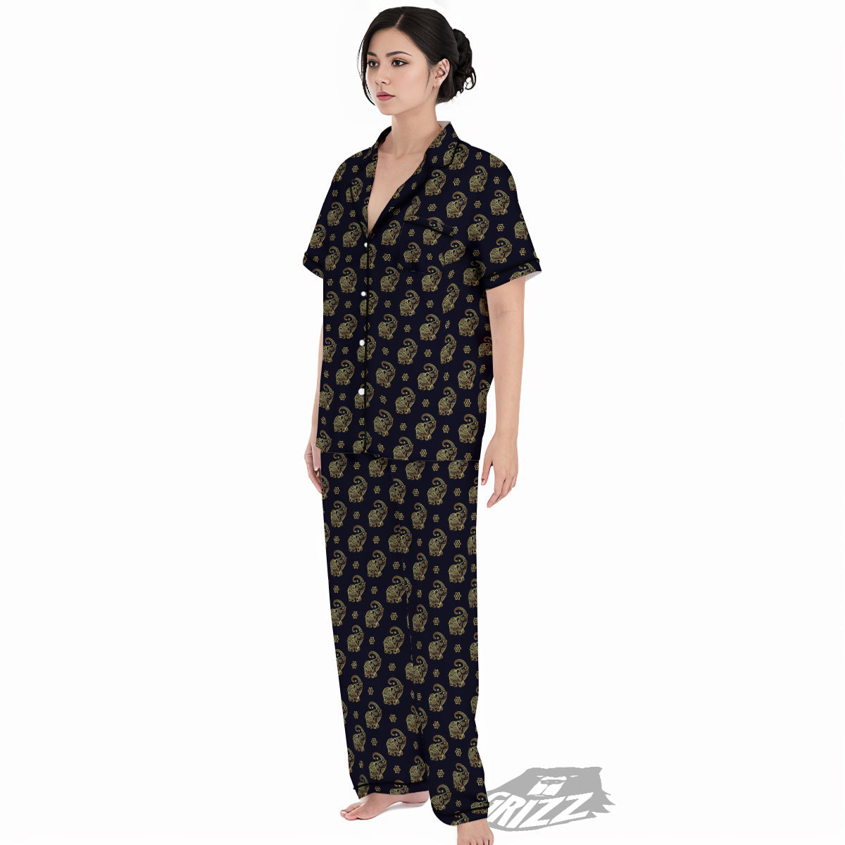 Boho Elephant Gold Cute Print Pattern Women's Pajamas Set-grizzshop