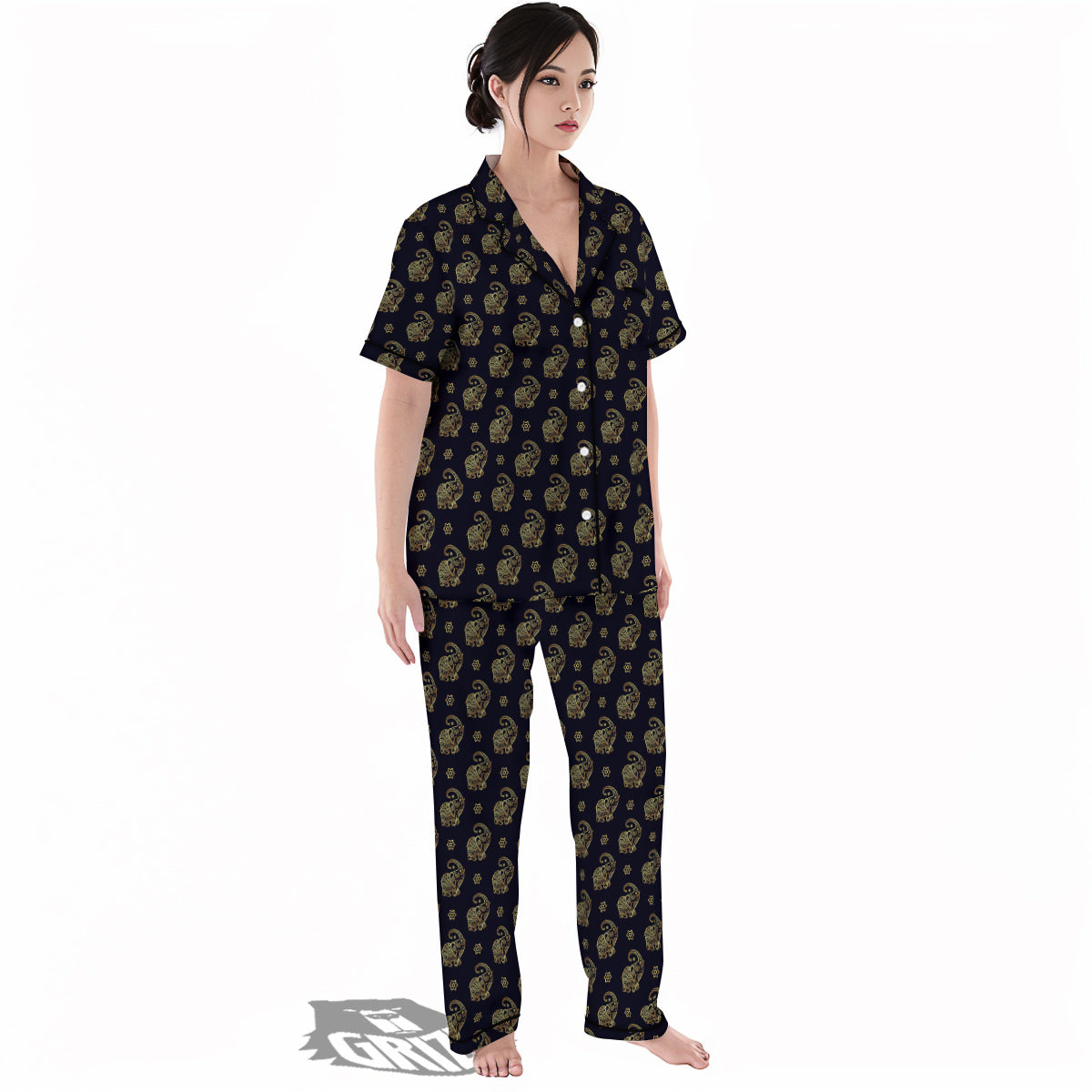Boho Elephant Gold Cute Print Pattern Women's Pajamas Set-grizzshop