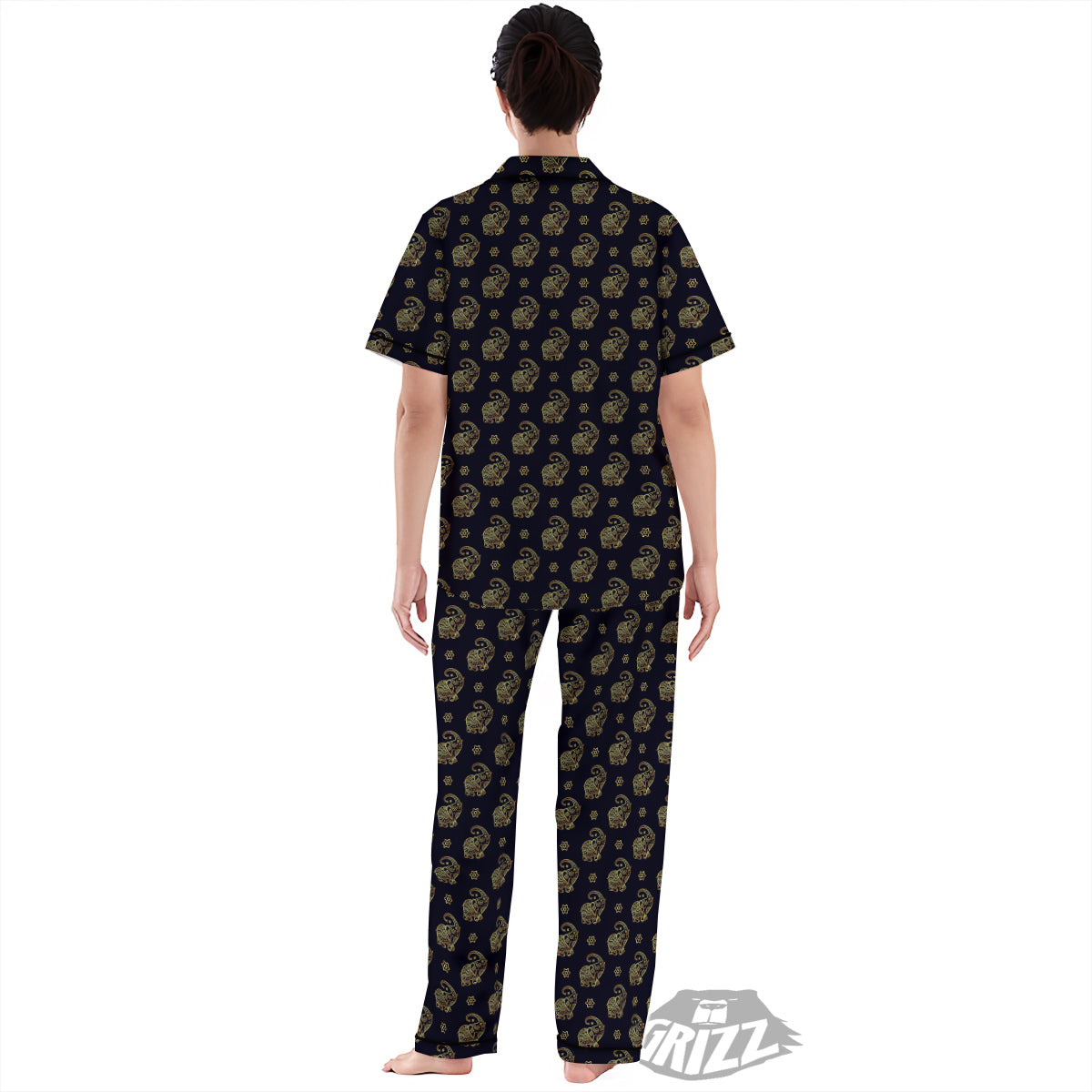 Boho Elephant Gold Cute Print Pattern Women's Pajamas Set-grizzshop