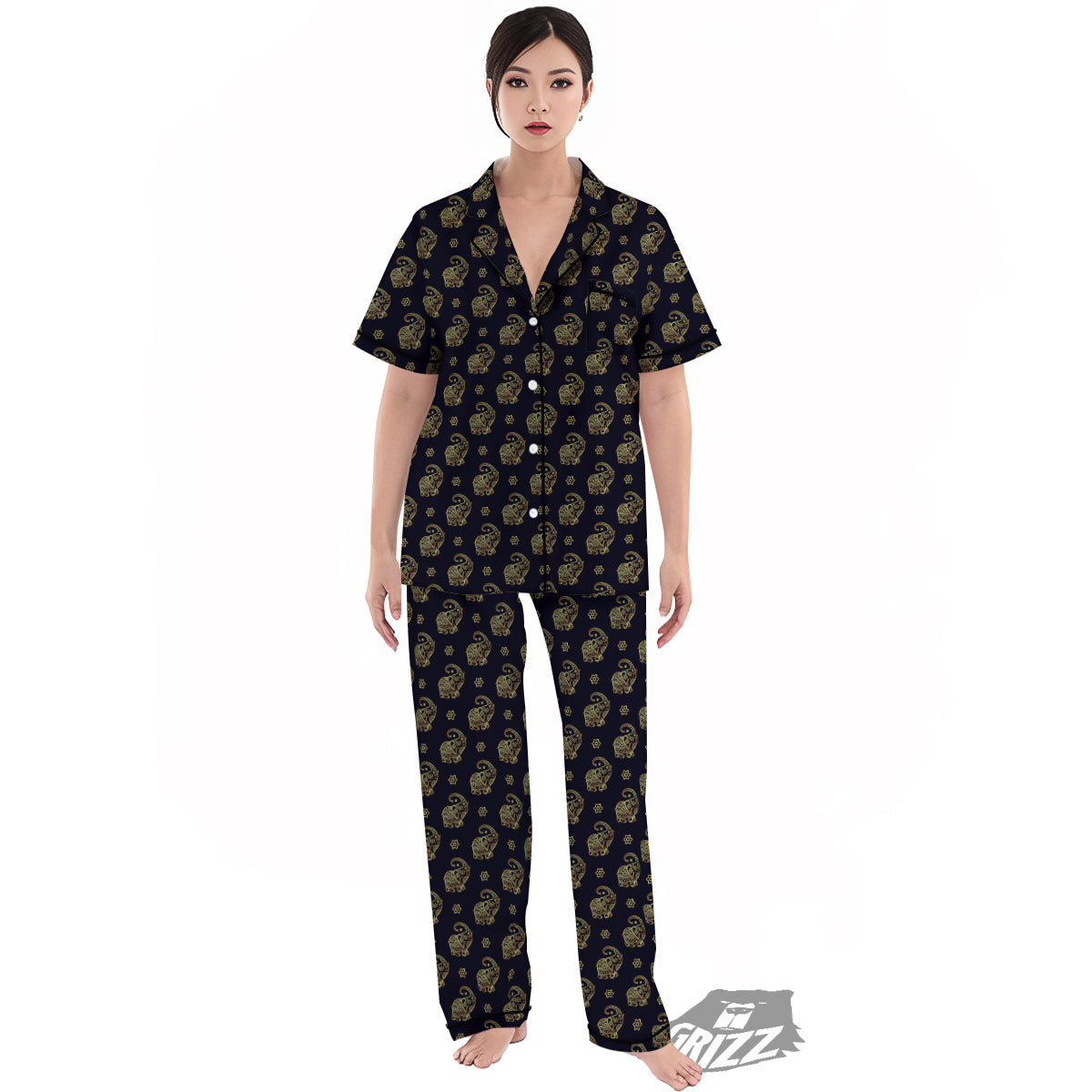 Boho Elephant Gold Cute Print Pattern Women's Pajamas Set-grizzshop