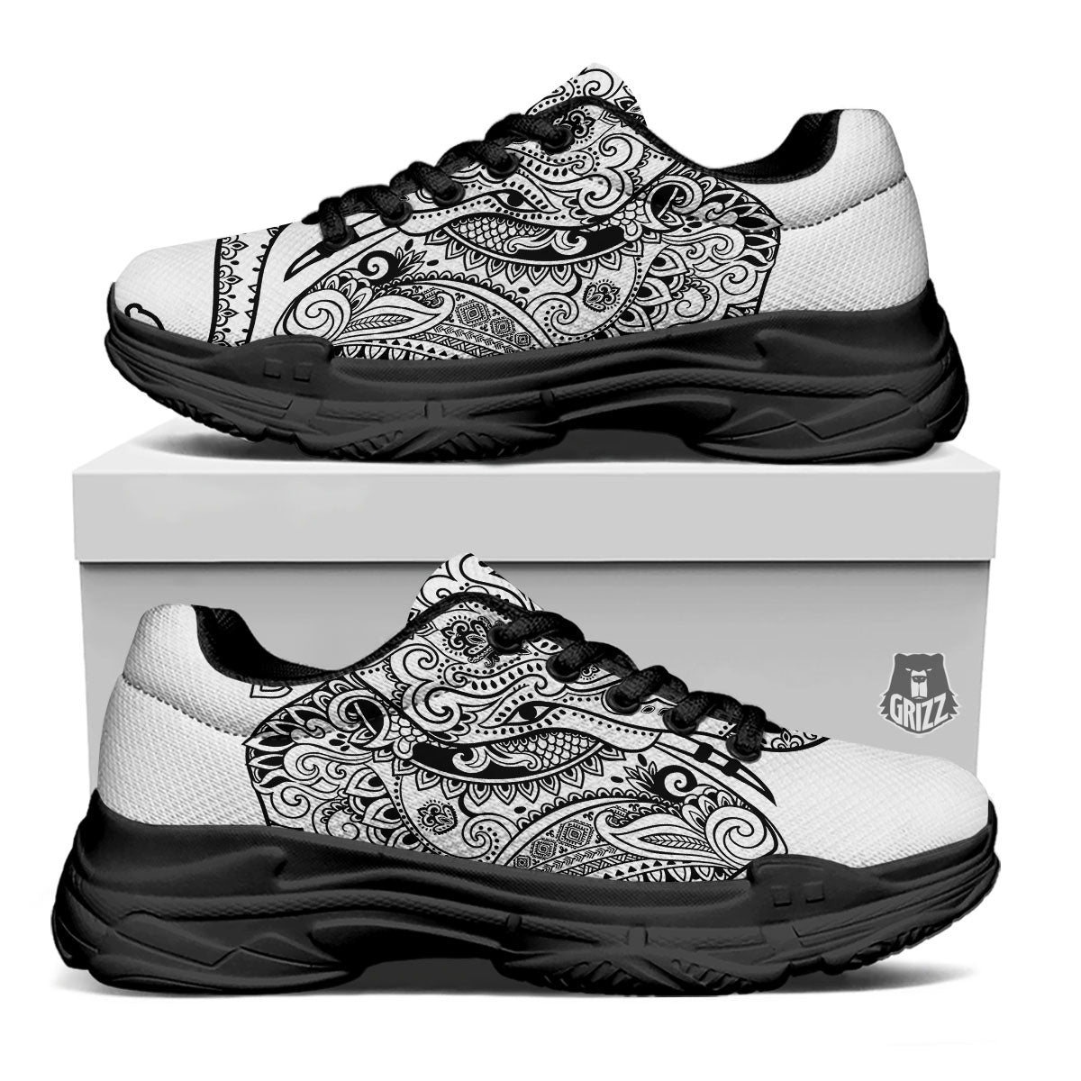 Boho Elephant White And Black Print Black Chunky Shoes-grizzshop