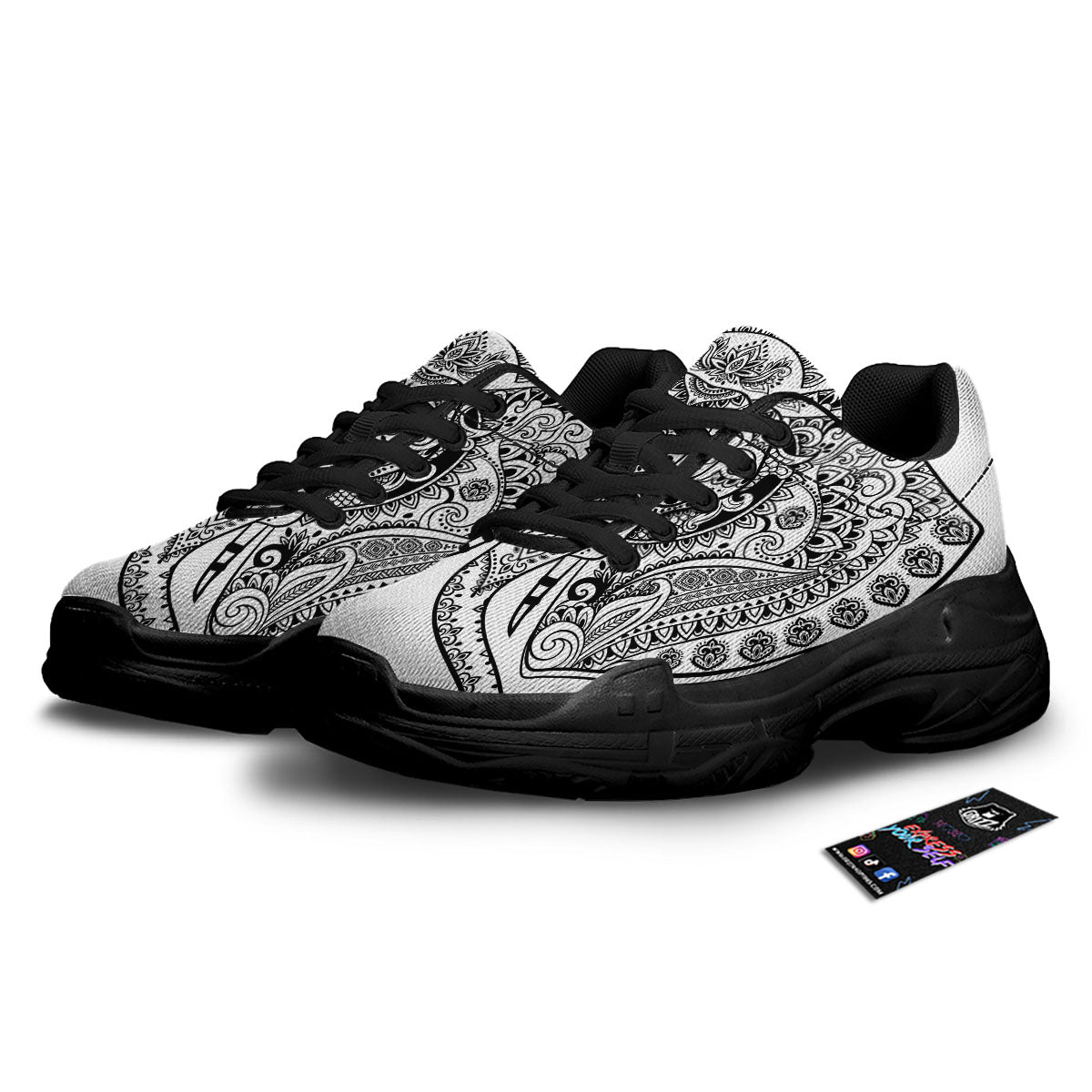 Boho Elephant White And Black Print Black Chunky Shoes-grizzshop