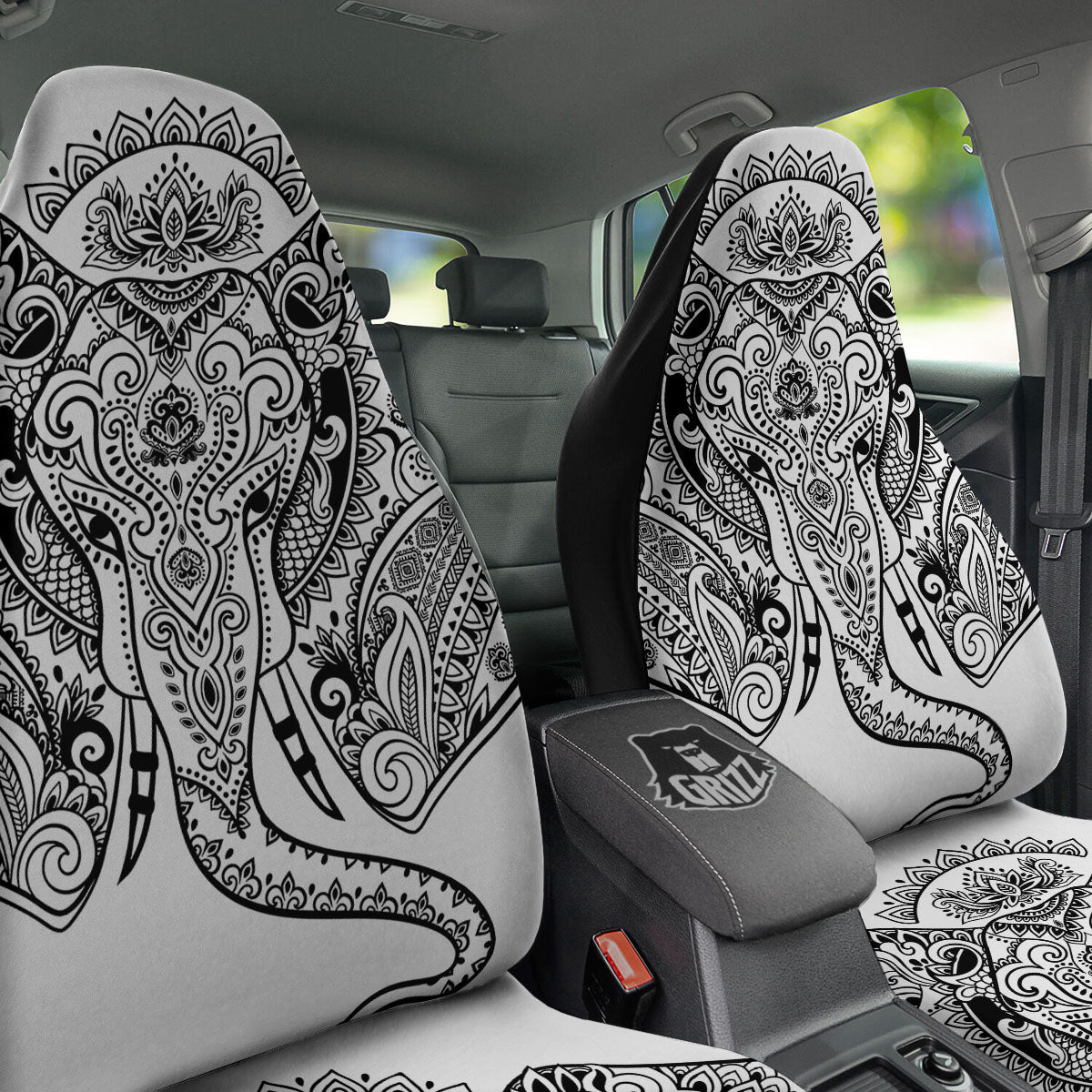 Boho Elephant White And Black Print Car Seat Covers-grizzshop