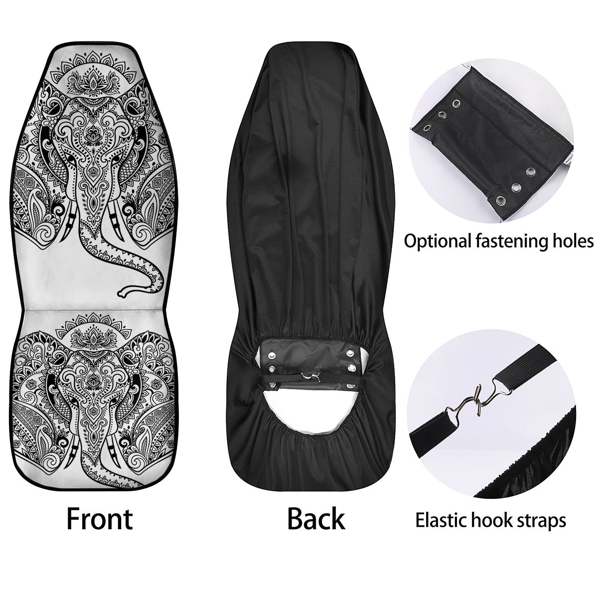 Boho Elephant White And Black Print Car Seat Covers-grizzshop