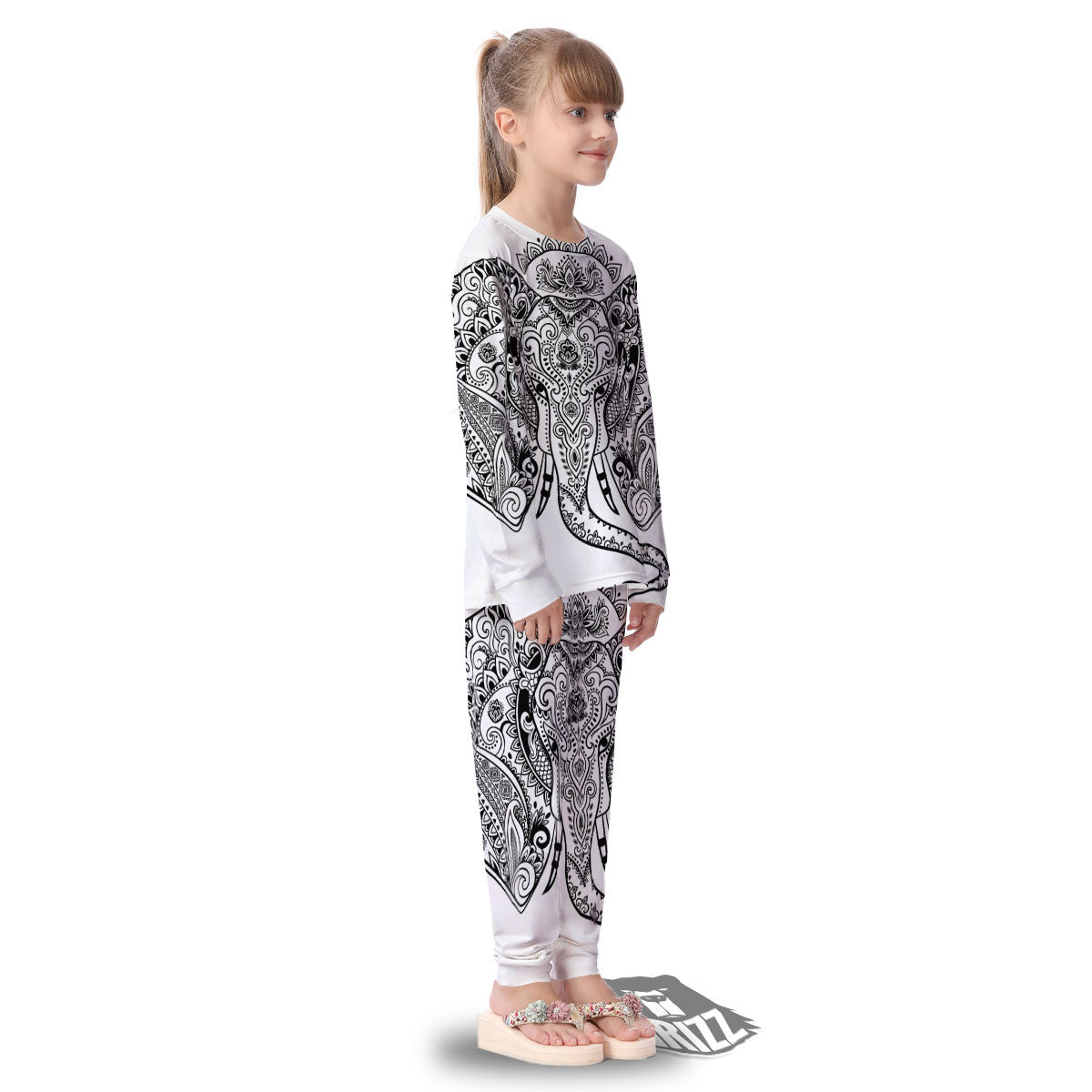Boho Elephant White And Black Print Kid's Pajamas-grizzshop