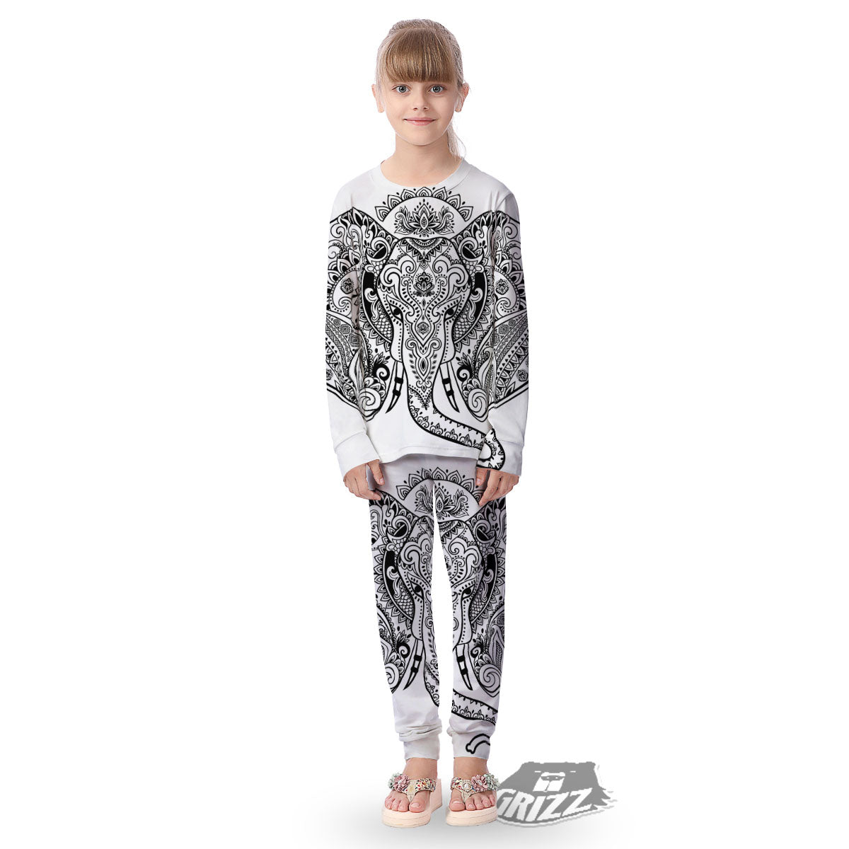 Boho Elephant White And Black Print Kid's Pajamas-grizzshop