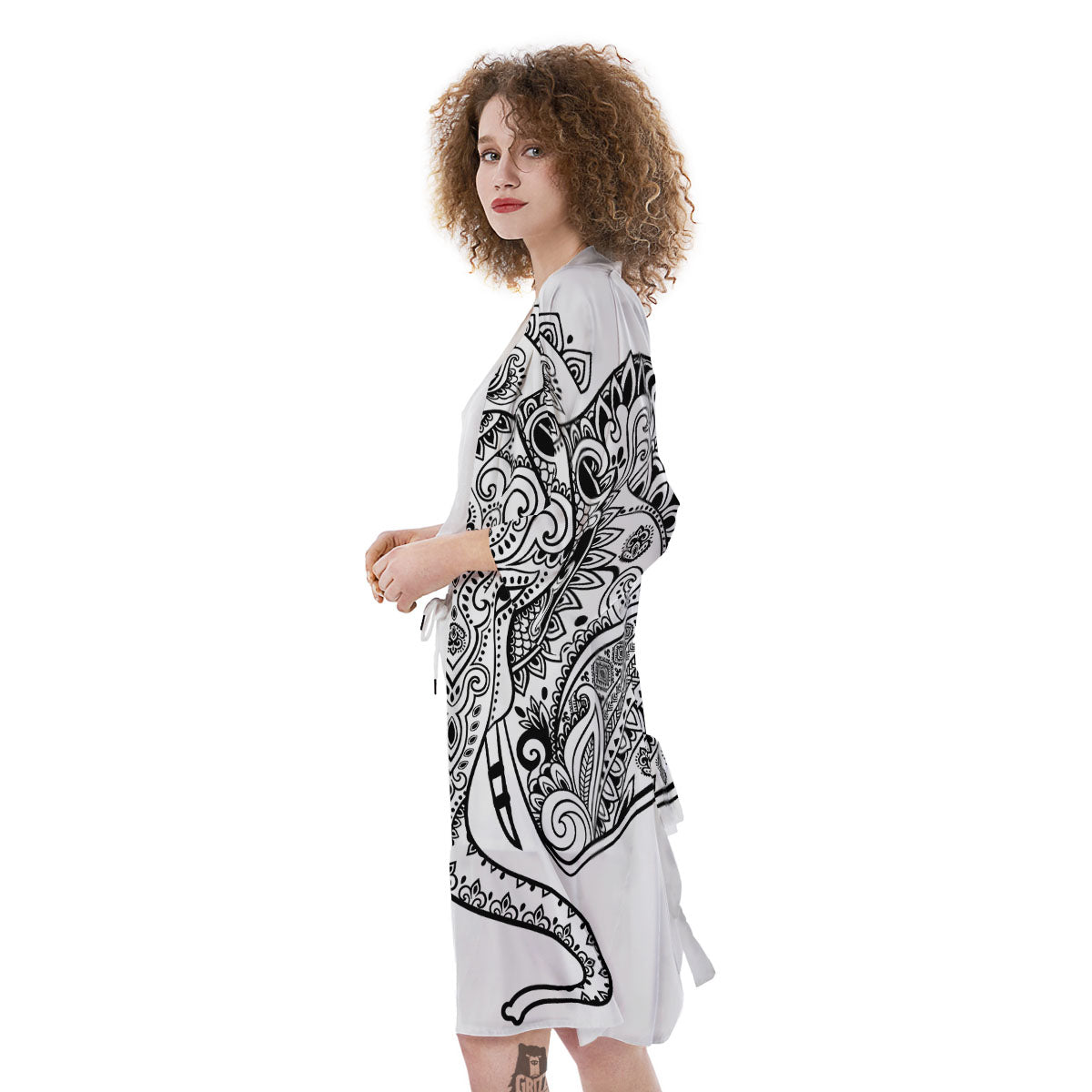 Boho Elephant White And Black Print Kimono-grizzshop