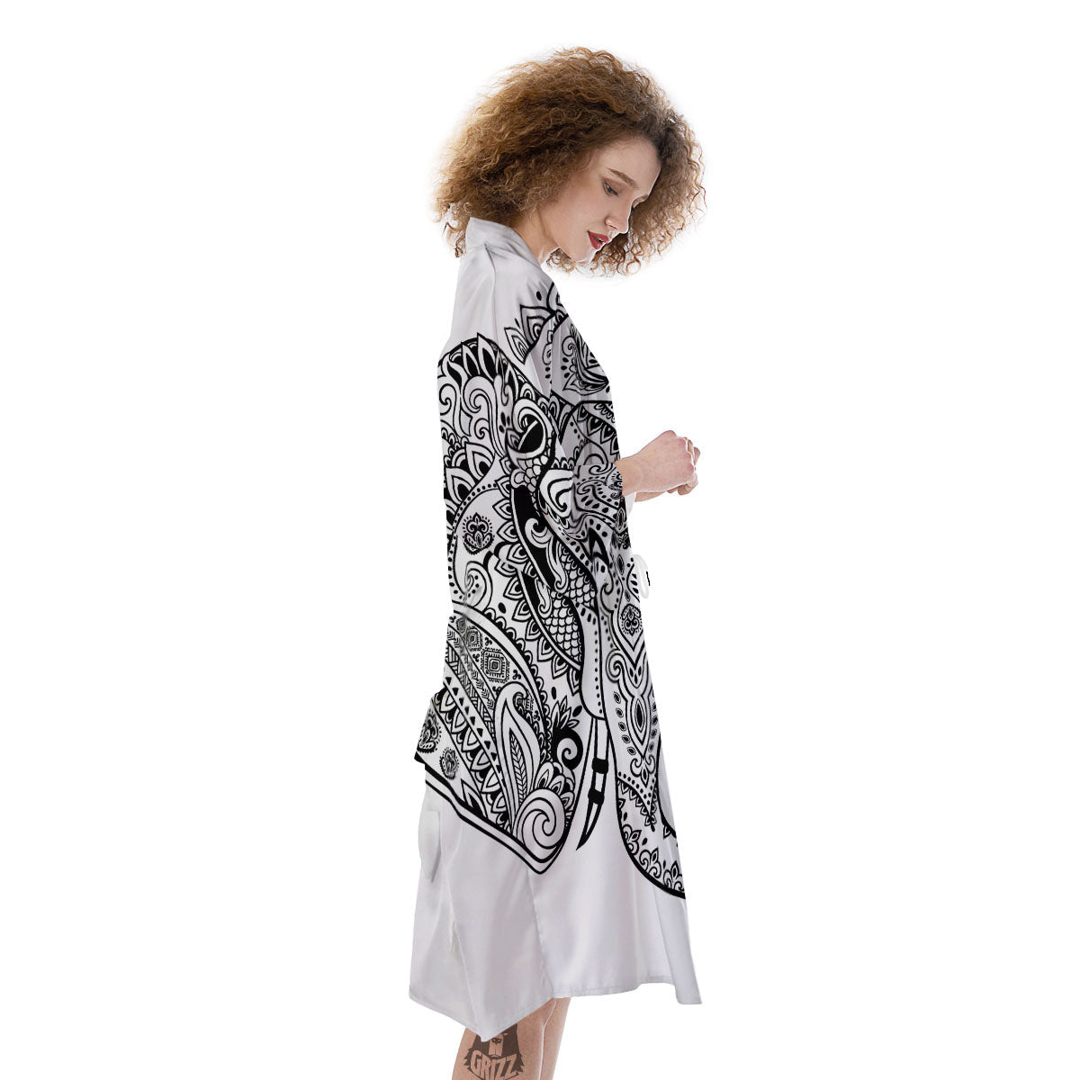 Boho Elephant White And Black Print Kimono-grizzshop