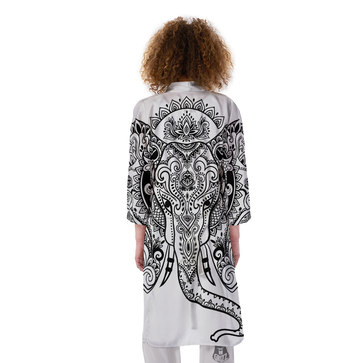 Boho Elephant White And Black Print Kimono-grizzshop