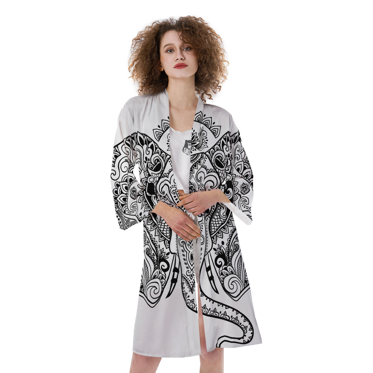 Boho Elephant White And Black Print Kimono-grizzshop