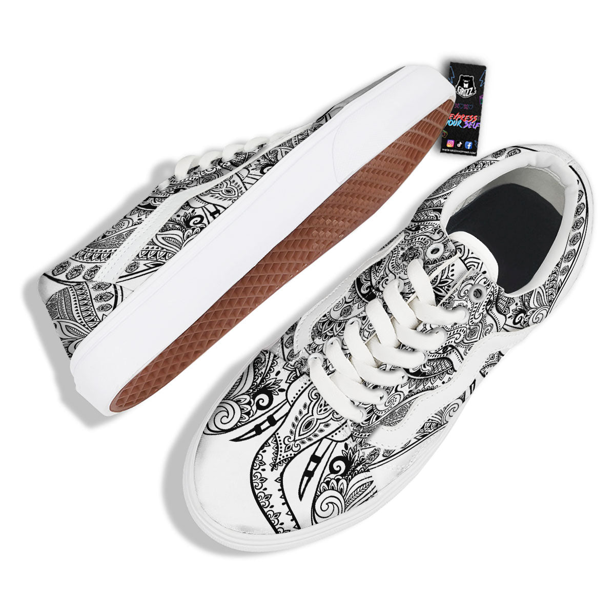 Boho Elephant White And Black Print Skate Shoes-grizzshop