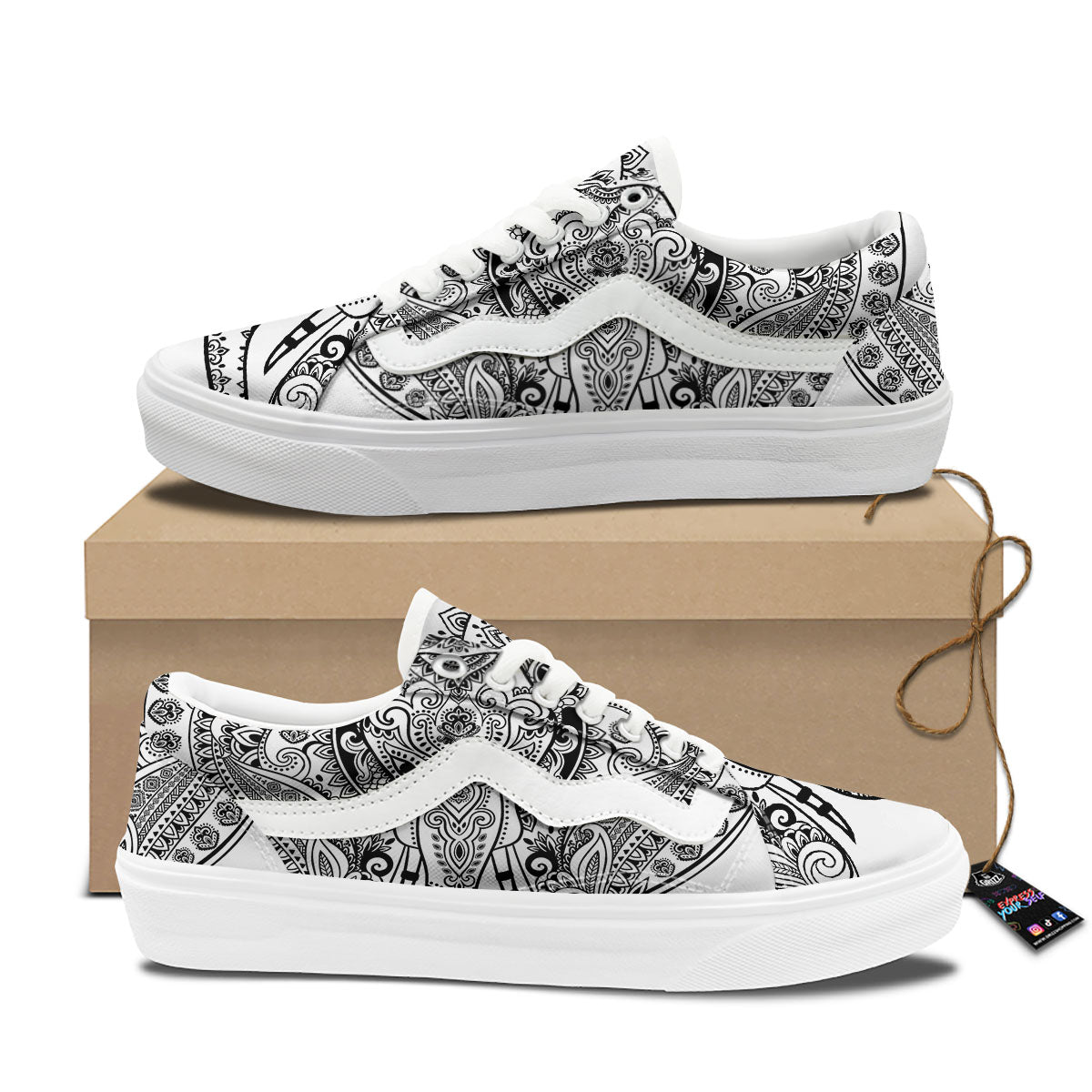 Boho Elephant White And Black Print Skate Shoes-grizzshop