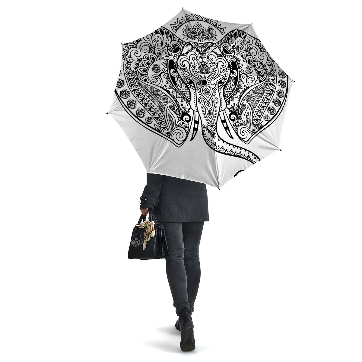 Boho Elephant White And Black Print Umbrella-grizzshop