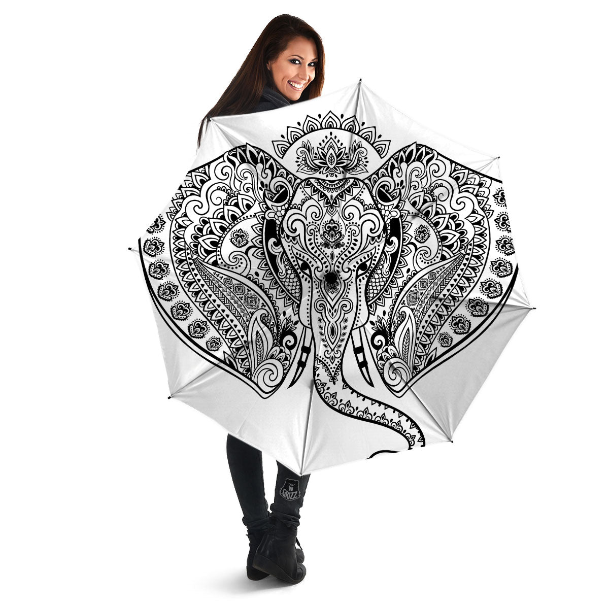 Boho Elephant White And Black Print Umbrella-grizzshop