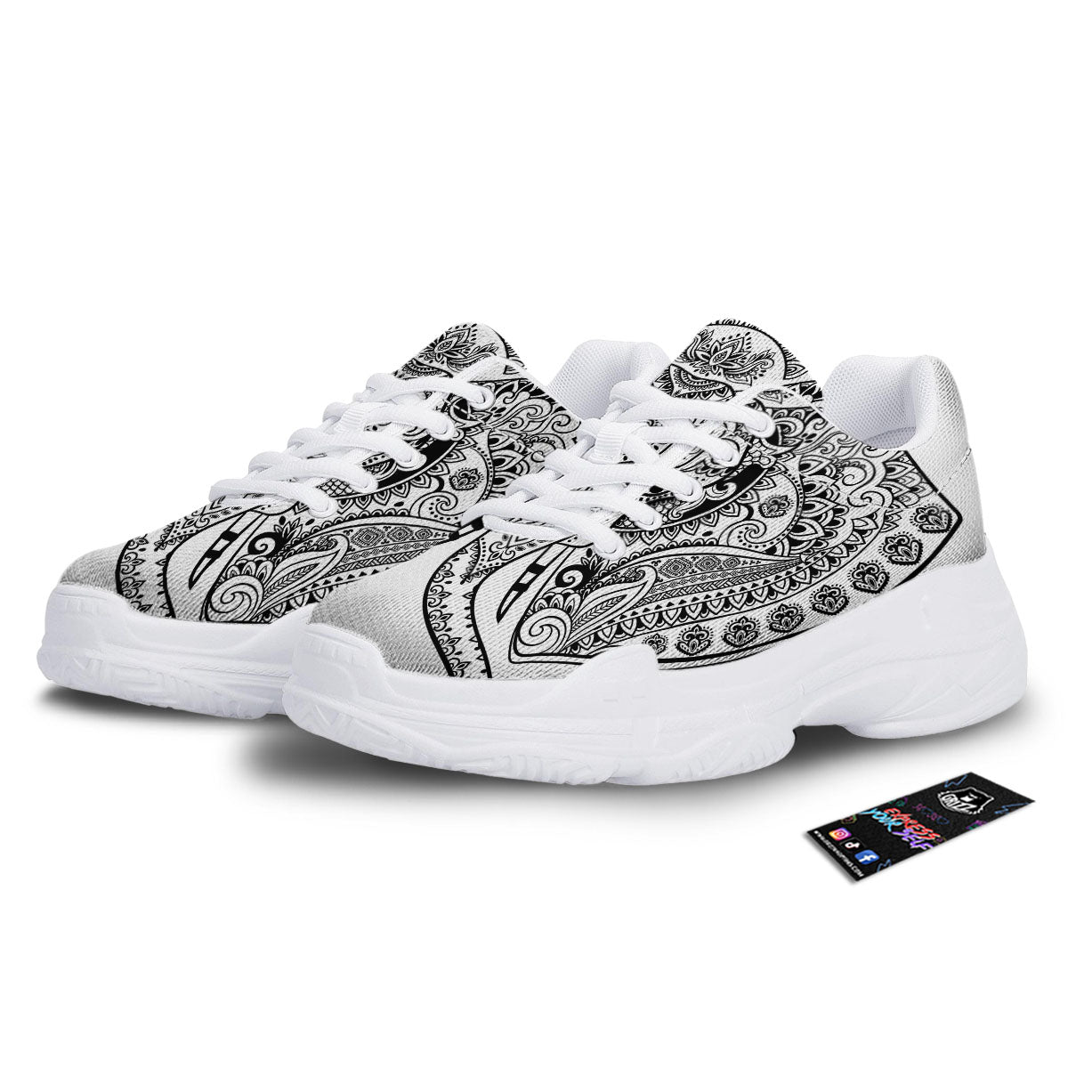 Boho Elephant White And Black Print White Chunky Shoes-grizzshop