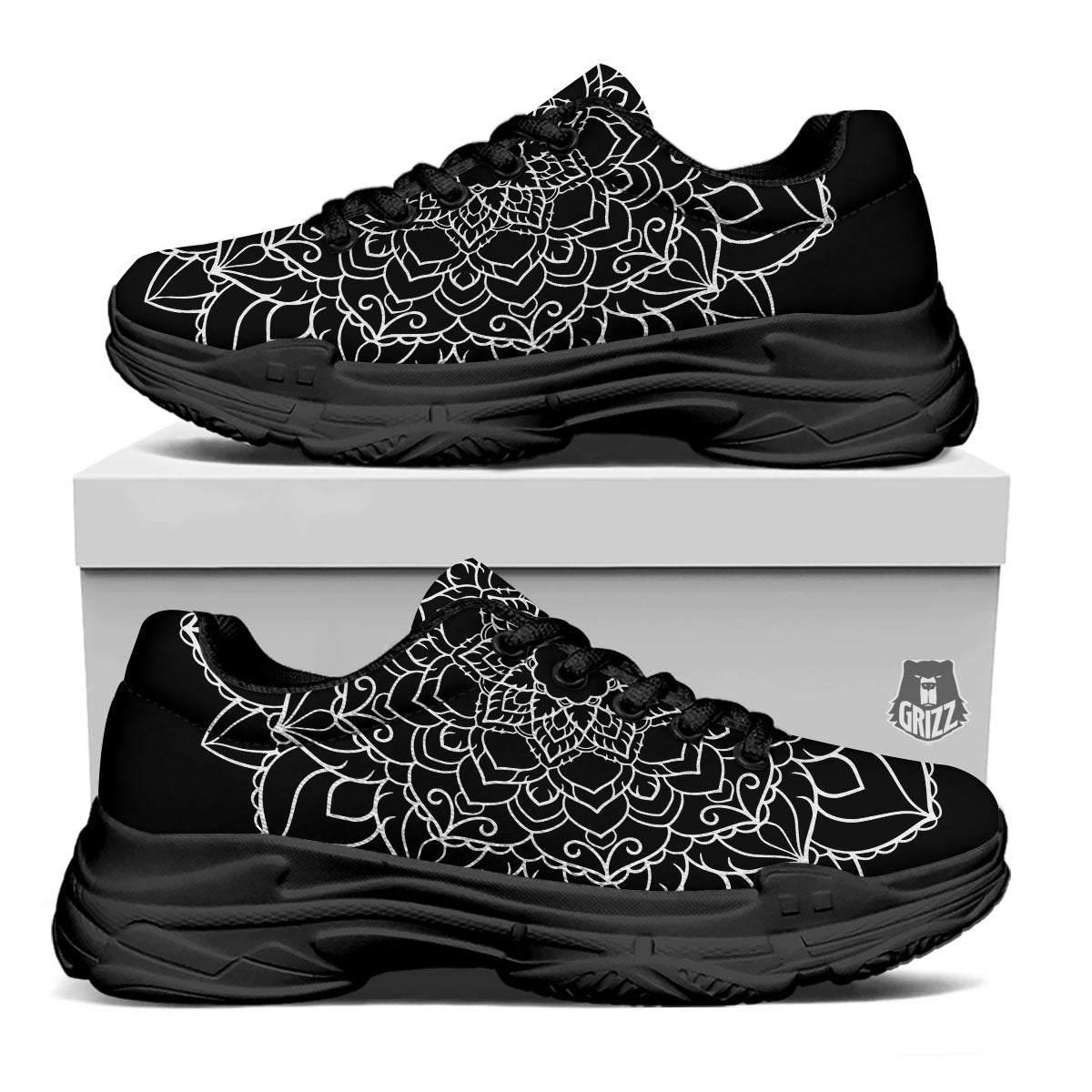 Boho Mandala White And Black Print Black Chunky Shoes-grizzshop