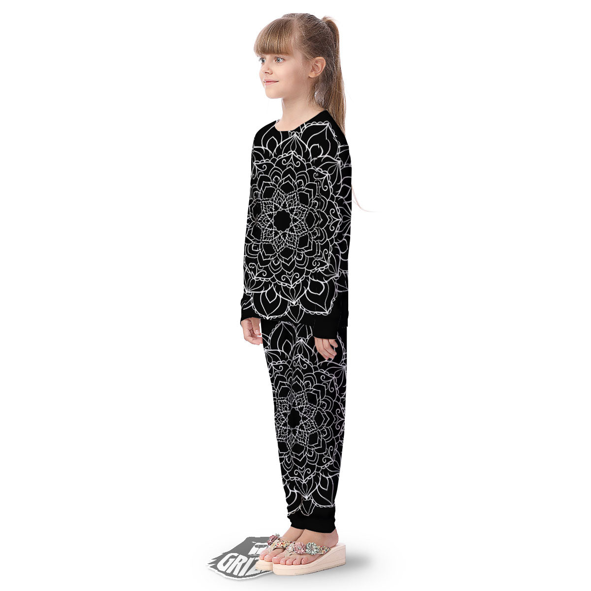 Boho Mandala White And Black Print Kid's Pajamas-grizzshop